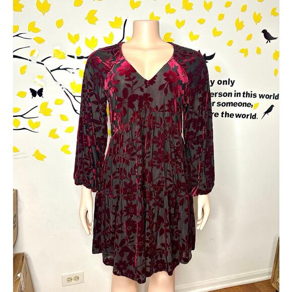 Just Taylor Burgundy Floral 3/4 Puff Sleeves Dress Size 8 - Picture 3 of 10